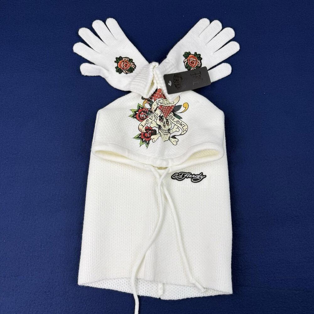 NWT Ed Hardy Knit Hat & Gloves Set Love Kills Slowly White Knit Beanie Ski Y2K
